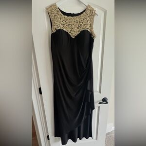 Mother of the Bride Dress: R & M Richards Black Dress with Gold Lace Detail